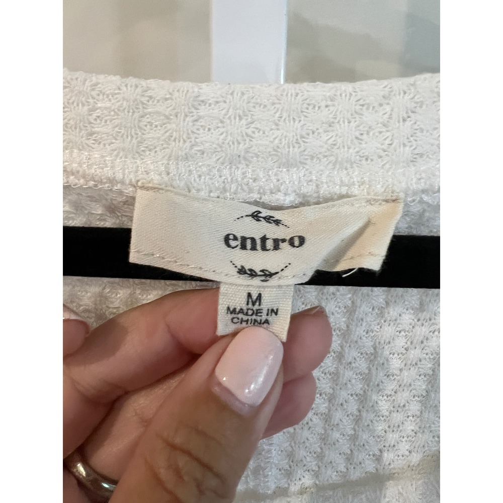 Entro Waffle Knit Boho Top White Floral Lace Balloon Sleeve Medium - Picture 8 of 9
